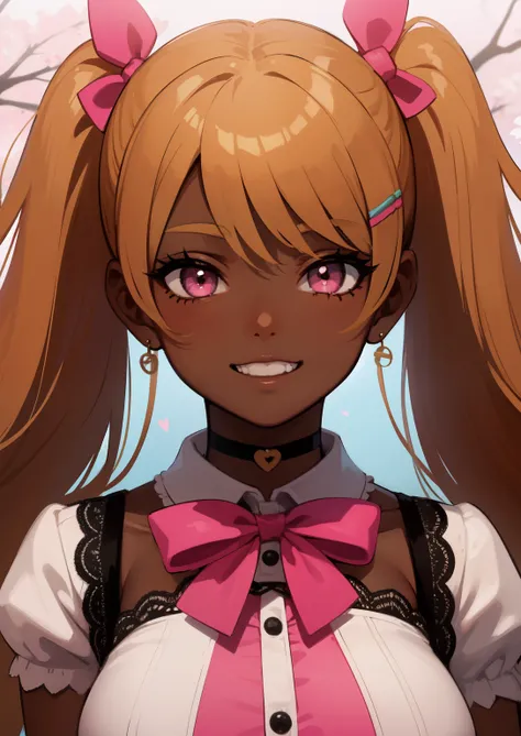 darkskin++++, tanned++, dark brown skin1:5++, orange hair, twintails+, pink eyes+++, big breast+, thick lips, bows symbol+, pink bow+, hairclips+, heart symbol+, detailed eyes, lips, (highest quality, amazing details:1.3), (solo:1.3), masterpiece, glossy l...