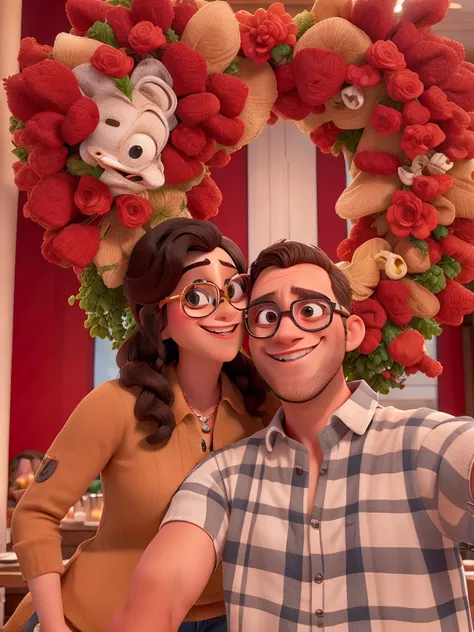 Pareja De Estilo Disney Con Gafas Sonriente En Restaurante.