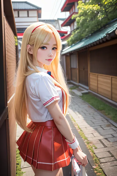 blond haired girl with long hair wearing a red skirt and white shirt, belle delphine, the hime cut, japanese goddess, anime girl in real life, anime girl cosplay, asuka langley sohryu, asuka langley souryuu, white hime cut hairstyle, asuka, asuka langley s...