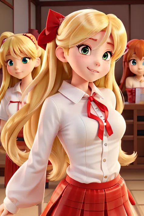 blond haired girl with long hair wearing a red skirt and white shirt, belle delphine, the hime cut, japanese goddess, anime girl in real life, anime girl cosplay, asuka langley sohryu, asuka langley souryuu, white hime cut hairstyle, asuka, asuka langley s...