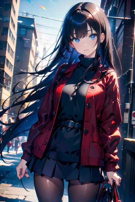 A dark-haired　blue eyess　Red coat　Black tights　a miniskirt　Sweaters　In the street　Yuki　​masterpiece　Top image quality　denoise　Clear 　cinematic shadow　Increased attractiveness of the eyes　Clear the shine of the eyes　Draw eyelashes neatly　Perfect Eye　A detai...