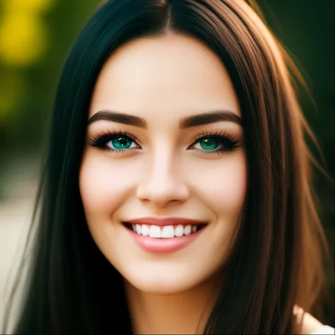 Smiling face realistic female sparkling green eyes long black hair mid 20s kind pretty 4k detailed