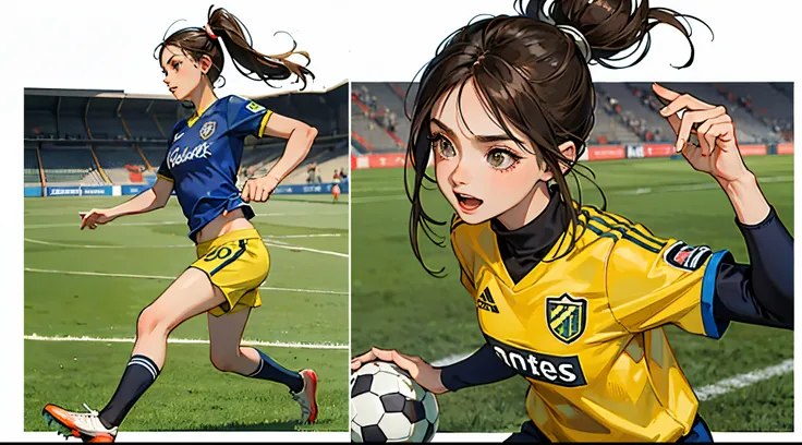 (cuerpo collage), la misma mujer, futbolista, coraje, jugar, correr, soccer field background,  soccer uniform, sportswear