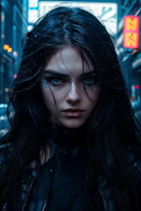 Best quality, masterpiece, ultra high res, (photorealistic:1.4), Cyberpunk, Bladerunner, futuristic, Blue long hair woman at night on the street neon lights on her hair, unnerving, unsettling, , 80mm, neon, dynamic action perfect face dystopian art, sexy c...