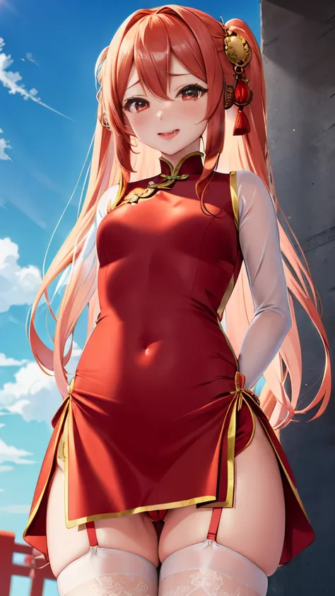 Anime Girl, China Dress,  Long hair, Camel toe, blushing, shy, partially , partially see through clothes, tongue out, looking up, Face Red, tearing, orgasm