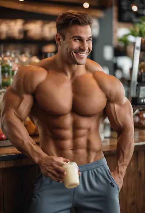 An image of Gym rat at the juice bar, sipping on a protein shake with a big smile.,original,He looks russian with big musclea. Very ripped. Zero fat. , male