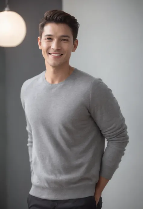 (Photo: 1.3) in the (Photorealistic: 1.3), Male Avatar, Soft light, Facial Focus, Happy, Cheerful, Smiling, Warm light, ((Solid color background)), (( Gray background)). ((Gray wall background)), avatar, (long or short hair), Smile, Handsome, 年轻,, Short ha...