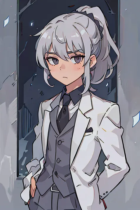 guy in a suit, silver hair, ponytail