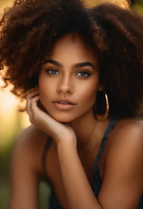 20 year old girl, curly, with mulatto skin, sexy look, eyes one blue and the other brown, realistic photo, only half-length, while she has her hand on her chin