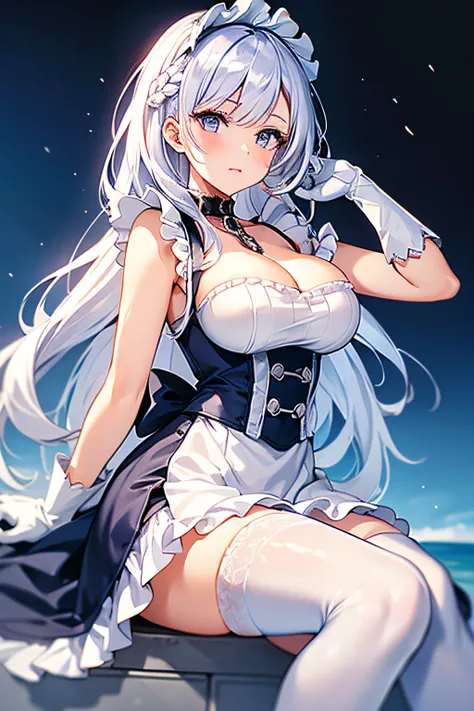 show through,undergarment,(masutepiece, Best Quality:1.2),Illustration,8K,hard disk,1girl in,Solo,very_long_hair,Large_breasts,white_hair,Bangs,cleavage,braid,Blue_Eyes,French_braid,鎖骨,Purple_Eyes,chain,Collar,Dress,frilld,maid,maid_Head dress,white_gloves...