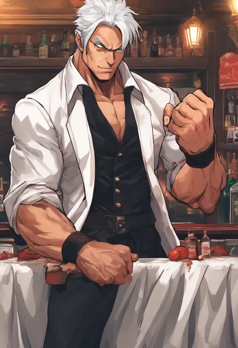 Masterpiece realistic, best high quality, perfect details, RAW Photo, intricate details, nice lighting, 4K, detailed background, big muscle, bartender minotaur, glasses, male, short hairstyle, white hair, tuxedo, behind counter, bar, smile, standing sex, s...