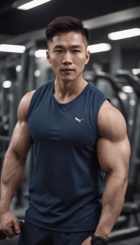 Asian man gym wearing navy suit , big muscle, Height 190 cm, big shoulders, Big muscular legs, (Draweye Detail), (realisitic)