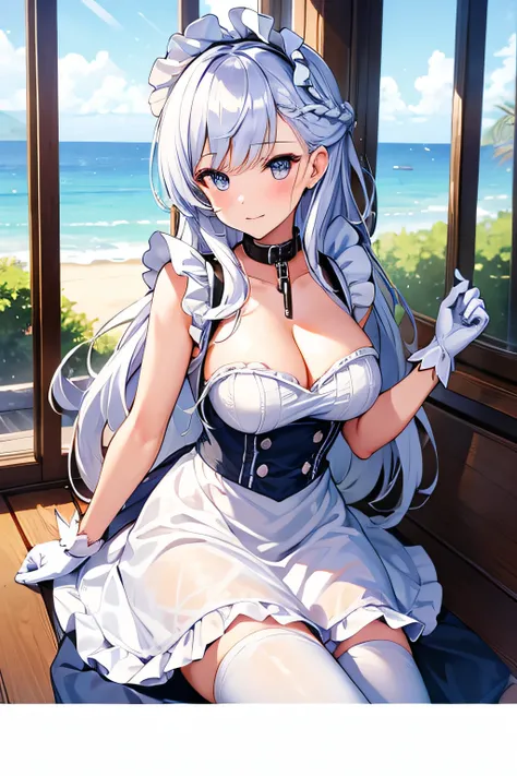 (masutepiece, Best Quality:1.2),Illustration,8K,hard disk,1girl in,Solo,very_long_hair,Large_breasts,white_hair,Bangs,cleavage,braid,Blue_Eyes,French_braid,鎖骨,Purple_Eyes,chain,Collar,Dress,frilld,maid,maid_Head dress,white_gloves,white_thighs thighs thigh...