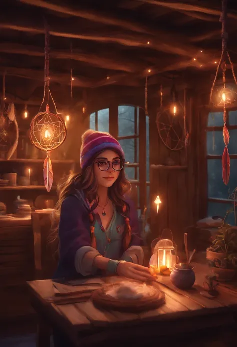 A photo of the character crafting a handmade dreamcatcher in a cozy cabin,original,Anime merch, beanie, glasses, long hair with neon streaks, no makeup, female