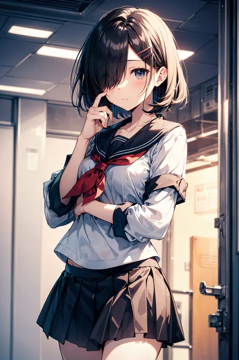 top-quality, anime moe art style,Best Anime 8K Konachan Wallpapers,Pixiv Contest Winner,Perfect Anatomy, (Draw a girl sleepily walking to school. ),BREAK, 1girl in, (Solo,Lori,child,13years:1.3),High school students, Short hair, Forehead, (Hair over one ey...