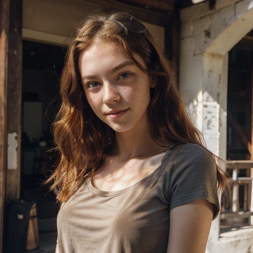 A girl, (21 years old) white skin, freckles, thin, wavy red hair, (((light brown eyes))) ((photo of the bust)) shy smile, (natural lighting) (black t-shirt)