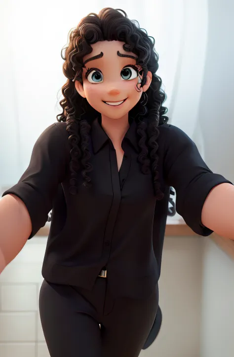 Woman, pele branca, encaracolado, curly hair. Estilo Disney Pixar, black shirt and black pants, with open arms, olhando para frente e sorrindo; high resolution