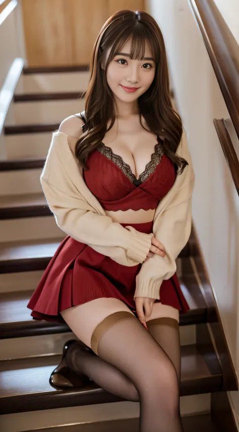 top-quality、Top image quality、​masterpiece、fully body photo、25 years old women, governess、Dark brown wavy middle hair、bangss、((Beige long-sleeved knit、Red flared skirt、Stockings))、 ((no-bra、Puffy nipple、Flip the skirt、Visible))、Sexy red lace panties、soft b...