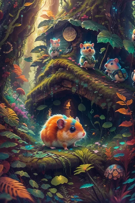 (Best quality, 8K, A high resolution, tmasterpiece:1.2), ultra - detailed, (actual, realistically, realisticlying:1.37), vibrant with colors, Magical atmosphere, Whimsical, ((1 cute hamster adventurer，Wear a set of lightweight and durable adventure gear，Ca...