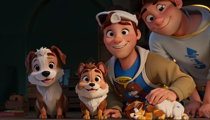 Um homem, um menino, uma mulher e um cachorro no estilo Disney pixar, alta qualidade, melhor qualidade