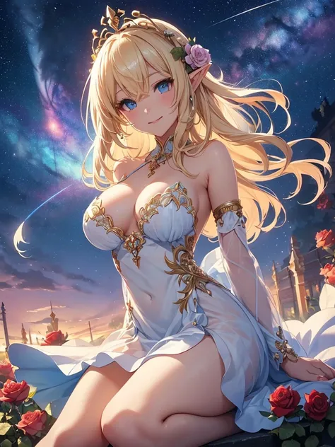 top-quality、Top image quality、​masterpiece、Full body naked girl((24 year old、Best Bust、big bast、Bust 90,Beautiful blue eyes、,Blonde long hair、A slender、a closeup、Esbian、beautiful tiara、hiquality、Beautiful Art、Background with((starrysky)))masutepiece、visual...