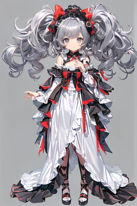 parfect anatomy、top-quality、masuter piece、ultra-detailliert、8ｋ、Correct depiction of the human body、Full Body Angle、Delicately drawn face、Woman with a pretty face、Gothic Lolita Fashion、Black Gothic Lolita Fashion、Black and white costume、Beautiful silky silv...