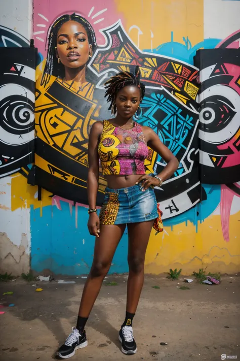 A vibrant artwork portraying an empowered African woman in a contemporary setting, surrounded by expressive graffiti, dynamic city streets, and a mix of cultural symbols, Artwork, mixed media combining acrylics and digital elements to convey the energy of ...