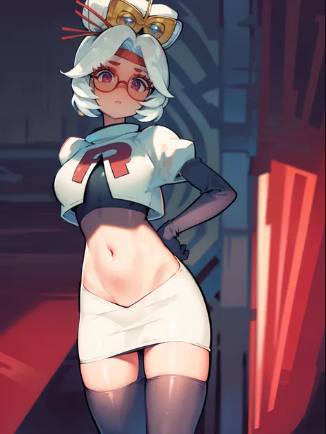 masterpiece, best quality, purah, red glasses, hair ornament,team rocket,team rocket uniform, red letter R, white skirt,white crop top,black thigh-highs,black elbow gloves, hand on hips,