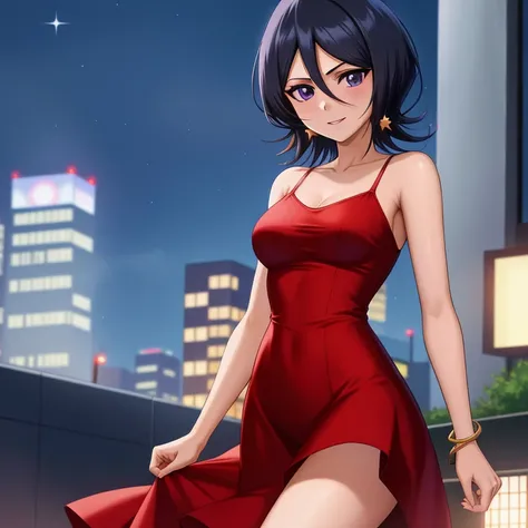 anime screencap, cityscape background, dim lights, rooftops, veranda, night falls, stars sparkling, 1 girl, solo, smile, short hair, black hair, purple eyes, hair between eyes, bare shoulders, bare neck, standing, red dress, red skin-tight dress, pretty gi...