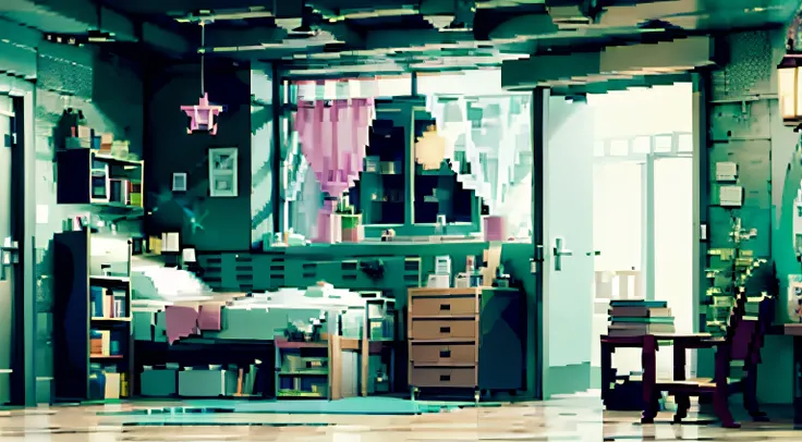 PixelArt, a teenager room with lots of decoration, pictures and books, open window for a night view in a starry sky, no character in the room, visible door