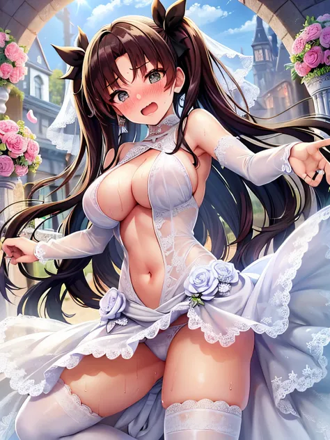 ,1 girl,loli,petite, triple D cup breasts,pointy breasts,cleavage,underboob,sideboob,(blush),((embarrassed)),happy,wet,spread arms,open legs,(((clothes lift))),(see through),(((white wedding dress))), (RinTohsaka), black hair, middle hair,twintails, posing...