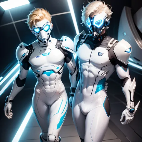 body suit, white and blue suit, futuristic suit, white gauntlets, white gloves, white hands skin tight bodysuit, toned male, teenager, young male, futuristic gas mask and vizor, bodysuit, futuristic, sci fi, toned male, hands seen, hair visible, blonde hai...