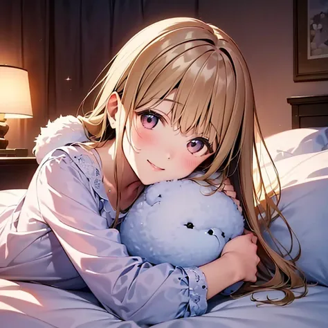 (best quality,4k,highres,masterpiece:1.2),ultra-detailed,(realistic,photorealistic,photo-realistic:1.37), beautiful Mahiru wearing pink pajama, beautiful detailed eyes, beautiful detailed lips, extremely detailed face, long eyelashes, Mahiru hugging a fluf...