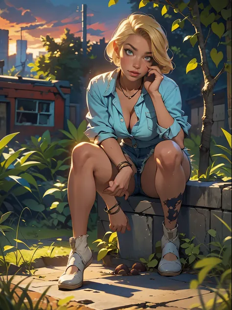 2076 year. The Urban Ruins of the Wasteland, Female huntress picking fruit in the garden, beautiful face, blonde, badly torn shirt and denim shorts ,  long legs, sweating through, sun rising, Nice warm colors, head to toe, full body shot, pretty hands, per...