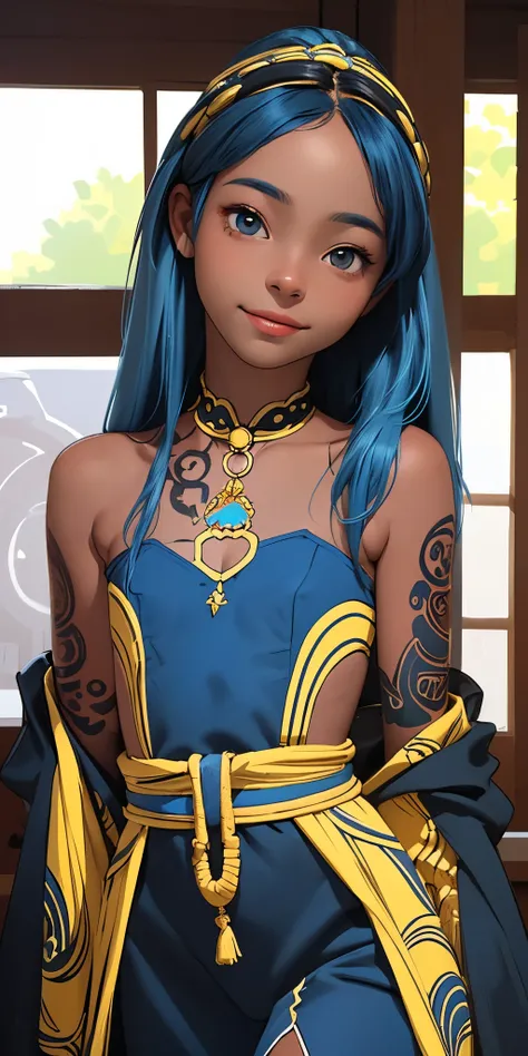 beste-Qualit, tmasterpiece):1.2), Incredibly detailed and stunning piece of art High resolution and flawless execution. blue hair African girl in African national clothes accessories small looking into the frame blue yellow dark skin small slanted eyes smi...