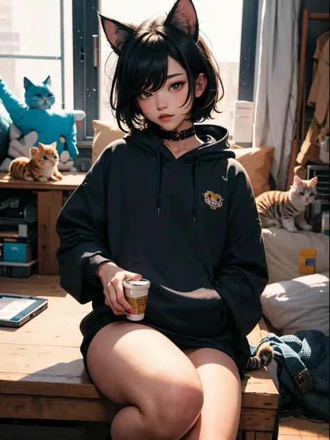 A cute femboy with black hair an oversized hoodie with little cat ears on it and a stuffy in his hands