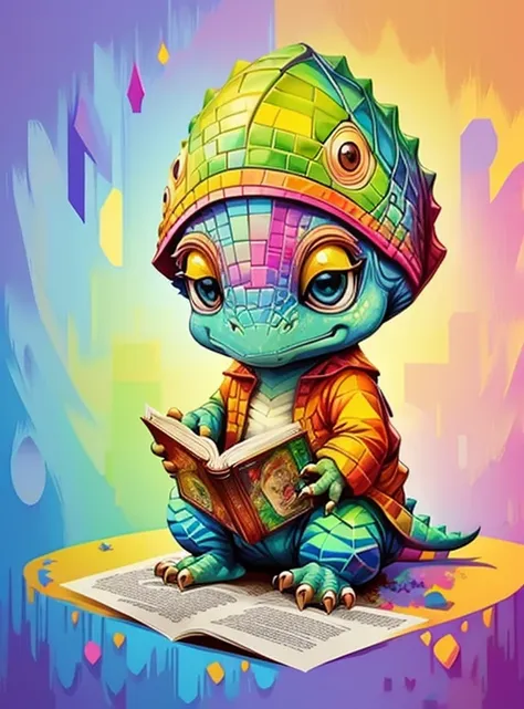 (cute baby dinosaur reading a book),(melhor pose),(best angle), (better expression), Eduardo Kobra acolchoamento ,multidimensional geometric wall PORTRAIT, arte, Chibi,
Yang08k, lindo, Colouring,
Primary works, qualidade superior, melhor qualidade, Arte Of...