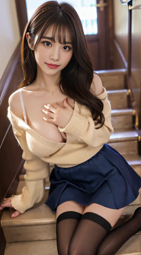 top-quality、Top image quality、​masterpiece、fully body photo、25 years old women, governess、Dark brown wavy middle hair、bangss、((dark blue long sleeve knit、Beige flared skirt、Stockings))、 ((no-bra、Puffy nipple、Flip the skirt、Visible))、Sexy red panties、soft b...