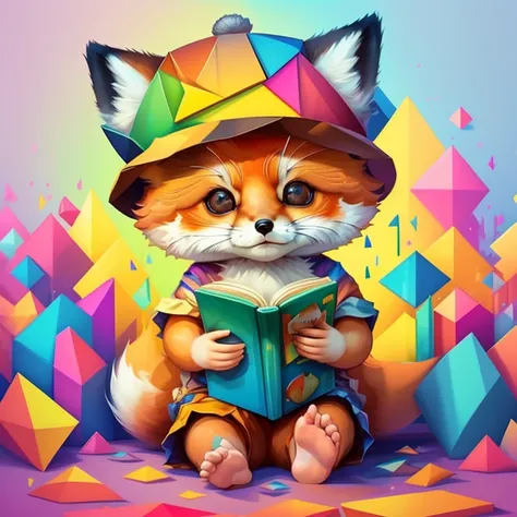 (cute baby fox reading a book with a hat),(melhor pose),(best angle), (better expression), Eduardo Kobra acolchoamento ,multidimensional geometric wall PORTRAIT, arte, Chibi,
Yang08k, lindo, Colouring,
Primary works, qualidade superior, melhor qualidade, A...