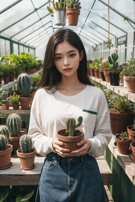 Girl holding small potted plant in hand, In the greenhouse, There are many potted cacti in the greenhouse..