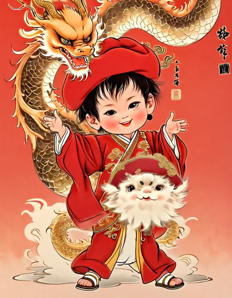 Chinese new year character design，(((Vector illustration style)))，(1 cute little boy，Wearing traditional red hat，Wearing Chinese red clothes，The clothes are painted with golden dragons、Phoenix and other patterns，Highlighting the theme of 2024 as the Year o...