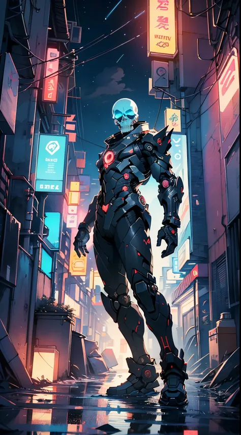 Robot Skull, armored, stealth, Character design, Highly detailed, Intricate details,Mechanical wonder, Cyberpunk, Cybernetic Guardian,male form,skull head,

(dynamic pose:1.0),solo focus,(centered,scale to fit dimensions,Rule of thirds),

cyberpunk city by...