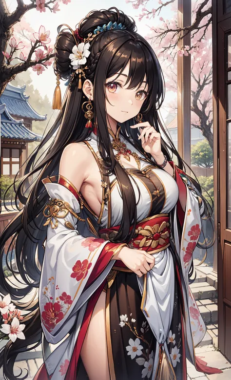 top-quality、Top image quality、tmasterpiece、(tmasterpiece:1.2),Atdan, 1 plump girl, Alone, Branch, flowers blooming, jewely, a skirt, ear nipple ring, that tree, through bangs, Long gray hair, Ancient Chinese courtyard，hair adornments, view the viewer, Chin...