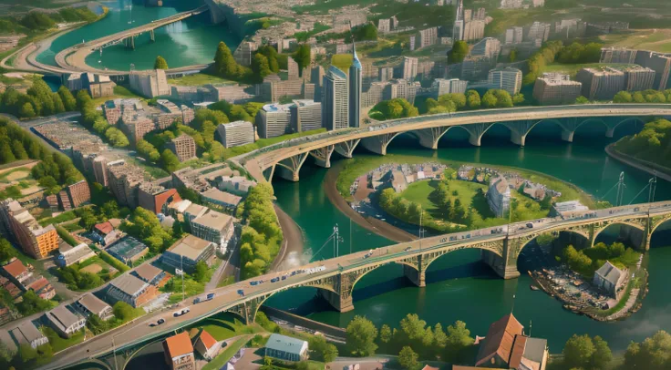 aerial view of a city with a river and a bridge, a detailed matte painting by Jens Søndergaard, shutterstock, conceptual art, beautiful city of the future, viking city, realistic photo of a town, hyper - realistic, drone view of a city, hyper-realistic, a ...