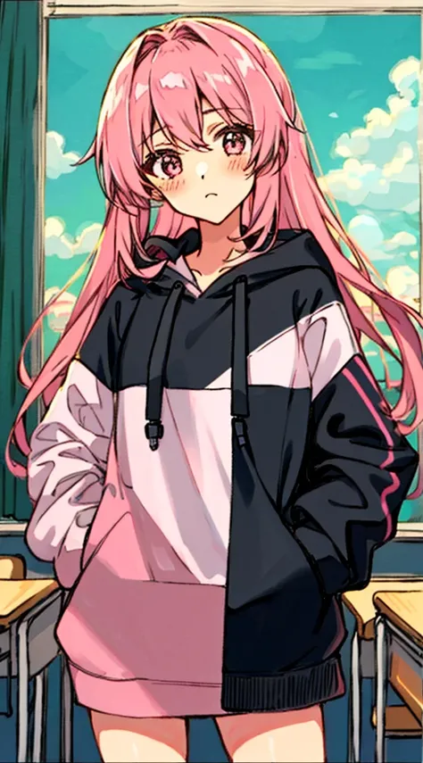 One girl、Pink hair、PastelColors、Cute、blush, tiny chest, oversize hoodie´, tmasterpiece，1girll，独奏，long whitr hair，A pink-haired，hoody，cropped shoulders：1.2，schools，‎Classroom，hand on hips，hand on pockets，