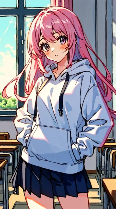 One girl、Pink hair、PastelColors、Cute、blush, tiny chest, oversize hoodie´, tmasterpiece，1girll，独奏，long whitr hair，A pink-haired，hoody，cropped shoulders：1.2，schools，‎Classroom，hand on hips，hand on pockets，