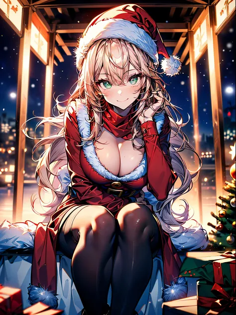 (Scine of Xmas events in Home party:1.3), ((matured girl wearing Sexy Santa clause costume with far:1.3, red dress with green, holding a present box in both hands to give viewers:1.2, close to viewers:1.2)), a matured woman with long black hair and a red o...