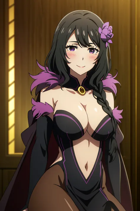 purple flower,hair flower,bangs,purple eyes,braid,mature female,makeup,eyelashes,hair over shoulder,black hair,fur-trimmed cape,black cape,two-sided fabric,fur trim,revealing clothes,large breasts,black dress,strapless dress,pelvic curtain,side slit,center...