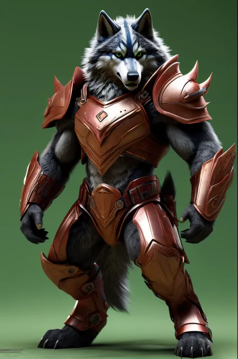 Furry, For the realistic, Feminine body, realistic, vfx, green background, wolf, full body, robust and beautiful body,Pink armor with blue stripe.hindleg bones wolf, normalize body structure,remove bad and error in texture,Ultra-realistic texture