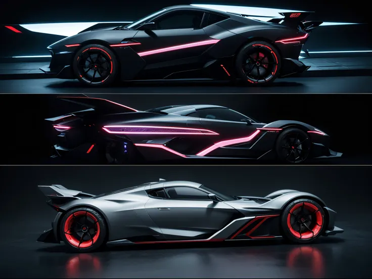 Three views of a cyberpunk style vehicle from the future